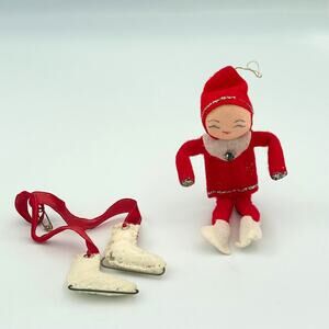 Vtg Felt Pixie Elf Christmas Ornament and Vtg Handmade Ice Skates Ornament